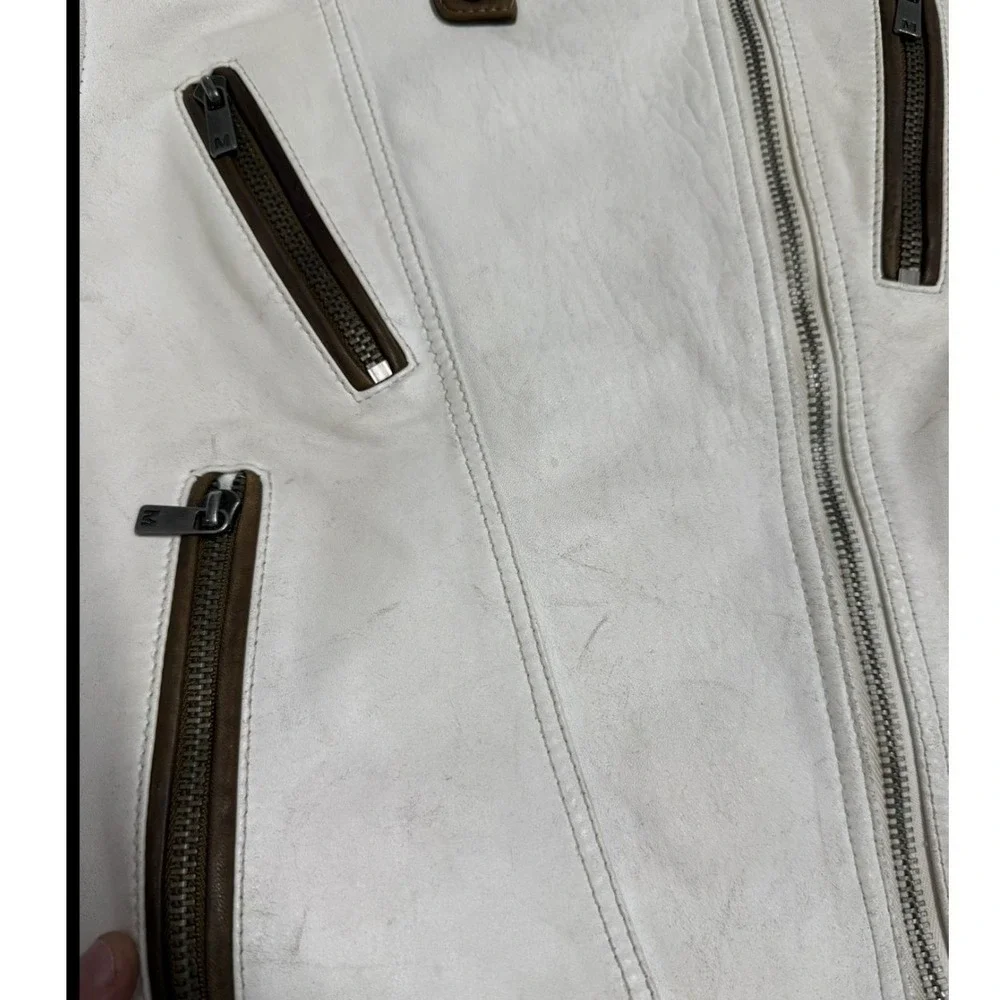 MICHAEL KORS Women Moto Jacket White Brown Leather Biker‎ Style Size M